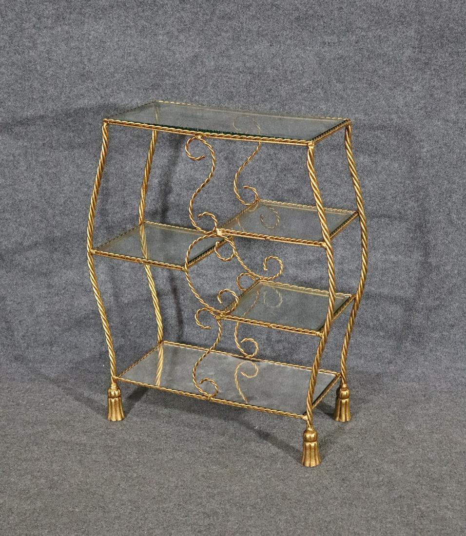 NAPOLEONIC STYLE ETEGERE: Gilt rope twist frame. Bottom shelf mirrored. 5 shelves. 30 1/8" h x 24 1/4" w x 11 1/8" d.