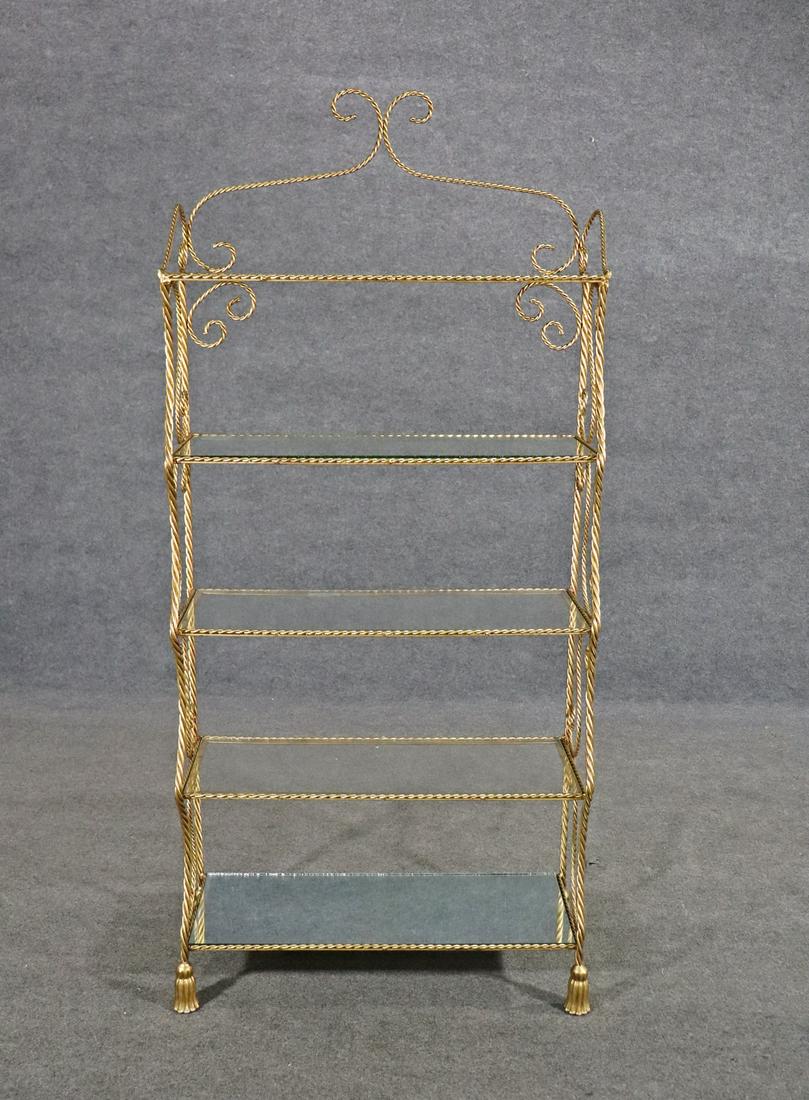 NAPOLEONIC STYLE ETAGERE: Rope gilt twist frame. 5 glass shelves. 67" h x 32" w x 13 3/4" d.