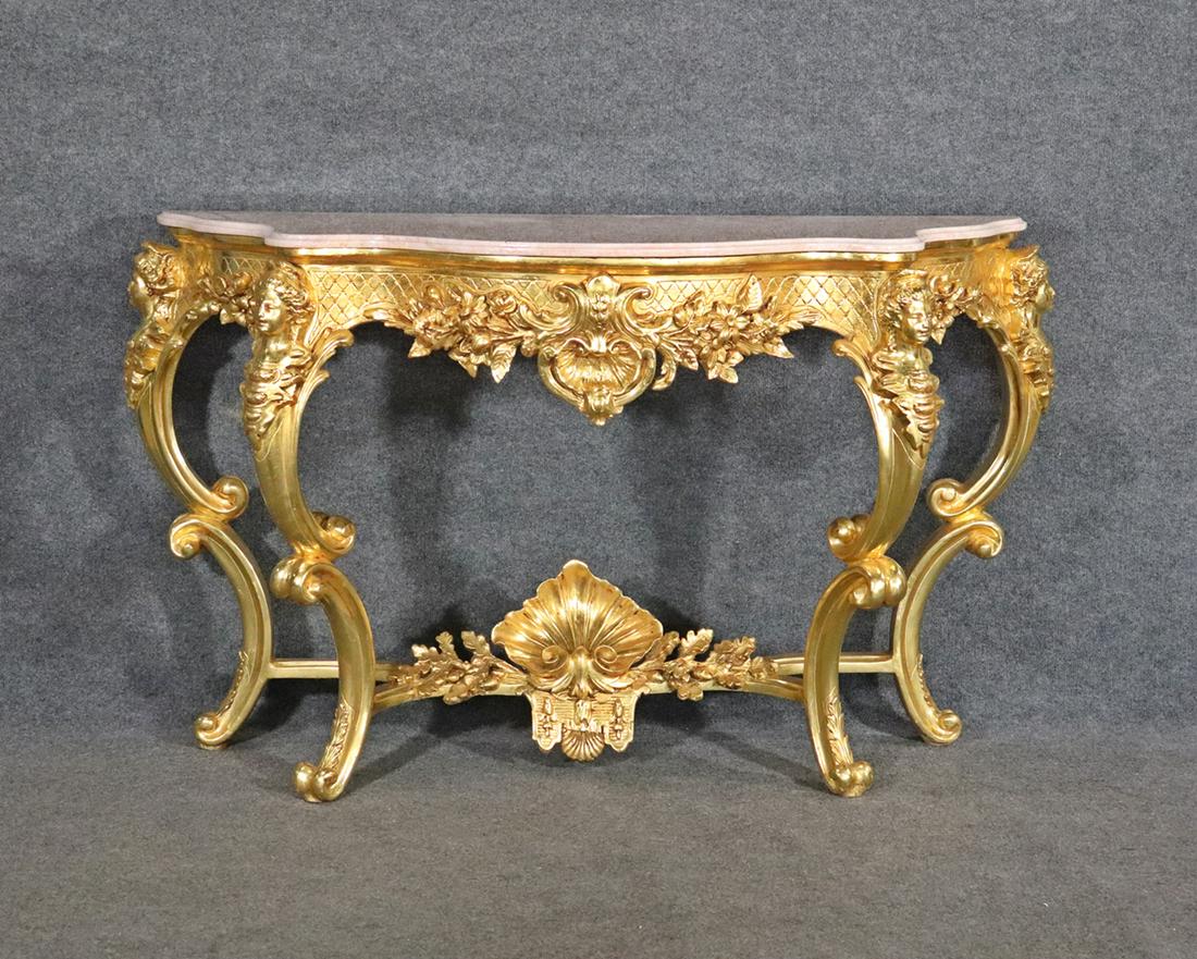 FRENCH GILT CARVED WOOD MARBLE TOP CONSOLE (1 of 8)
