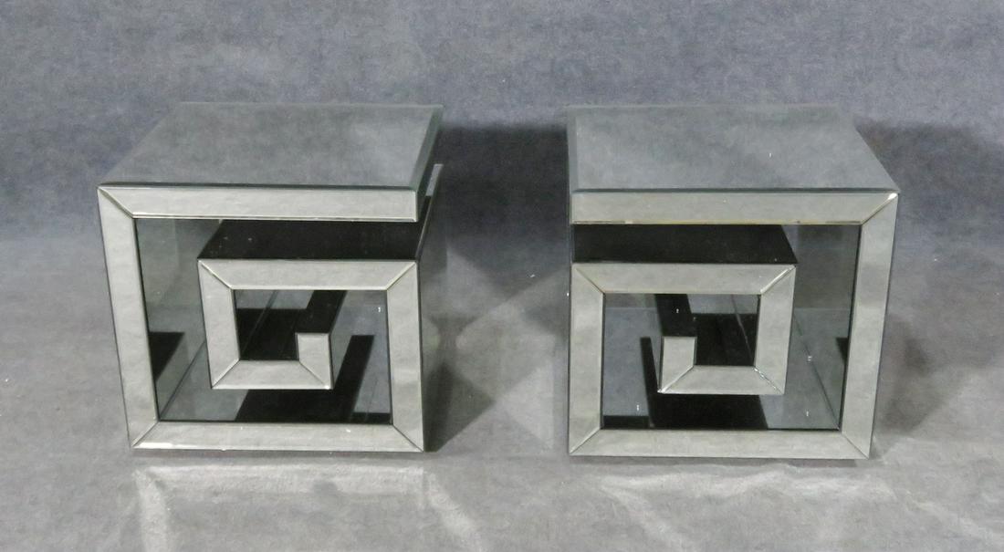 PAIR GREEK KEY STYLE MIRRORED END TABLES (1 of 8)