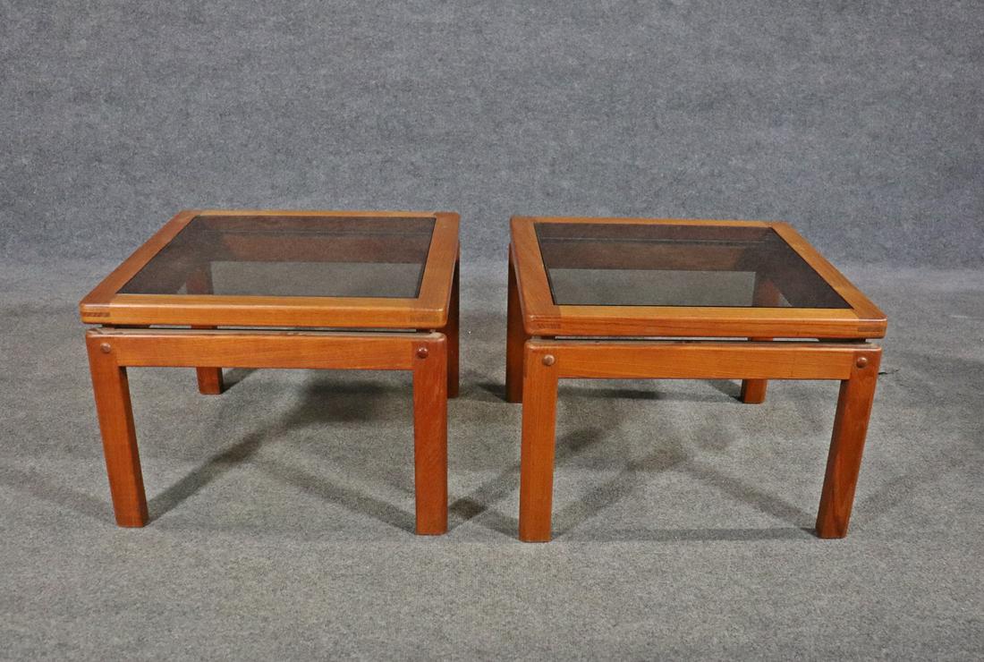 PAIR DANISH TEAK GLASS TOP END TABLES (1 of 9)