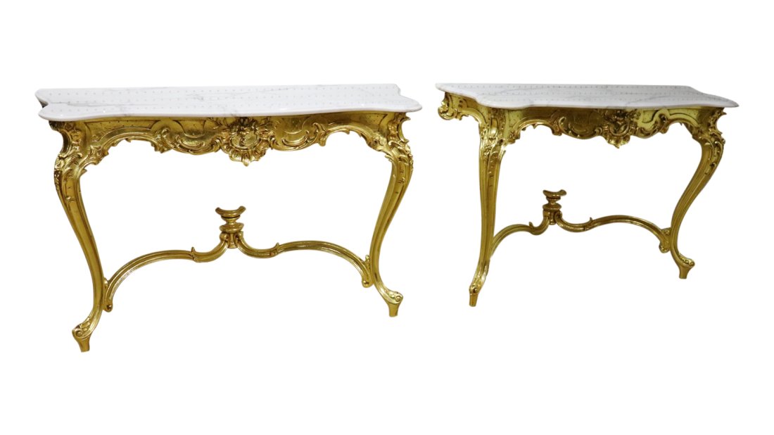 PAIR CARVED GILT MARBLE TOP CONSOLES (1 of 9)