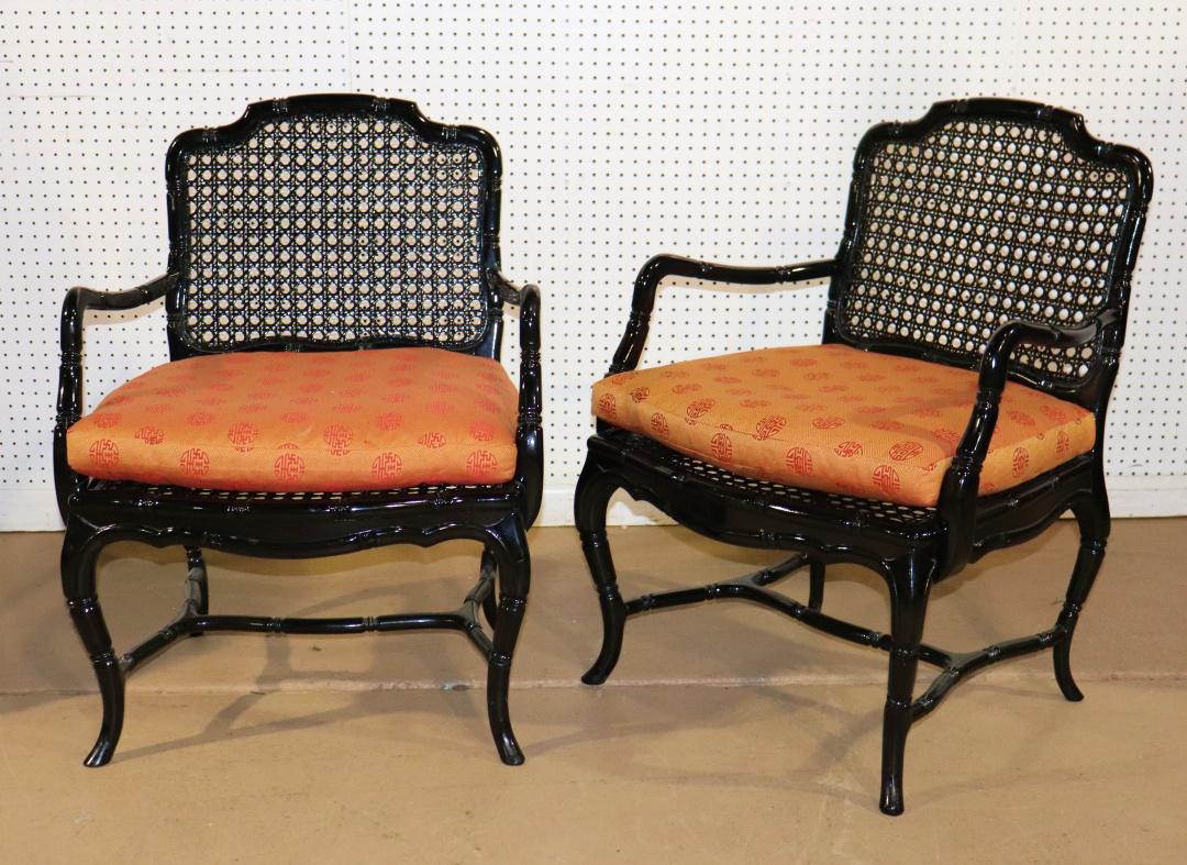 PAIR EBONIZED FAUX BAMBOO ARM CHAIRS (1 of 8)