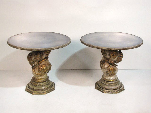 Pr. ANTIQUE PAINTED & GILT PEDESTAL TABLES: Pedestals from an 18th c. wood and gesso columns. Damages to gesso. Round mirror tops. Good condition. 24"h. x 27 3/4" diameter.