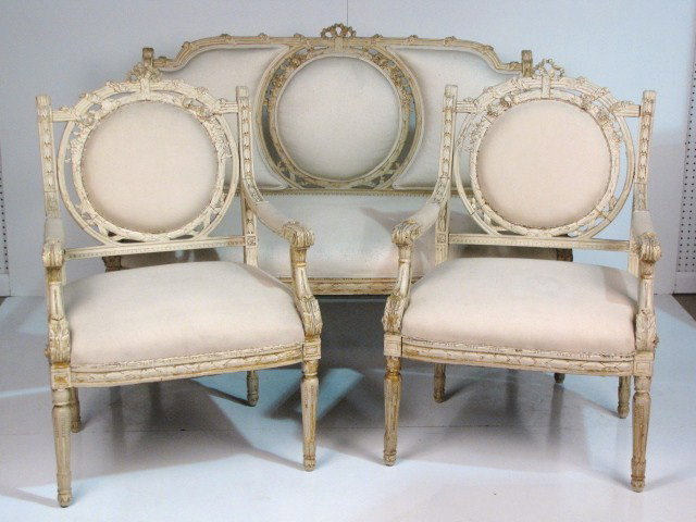 3 pc. LOUIS XVI STYLE PAINTED SALON SET: Good condition. Various damages and wear. Repaired leg. Settee 39 1/2"h. x 22 1/2"w. x 20 1/2"d.