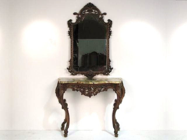 FRENCH STYLE CARVED CONSOLE & MIRROR: Very good condition with repaired marble. Table 31"h. x 36 1/2"w. x 15 3/4"d. Mirror 41 1/2"h. x 25"w.