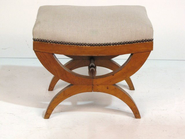 BIEDERMEIER TABOURET STOOL: Good condition. Missing rosettes. 16 1/2"h. x 19"w. x 13 1/2"d.