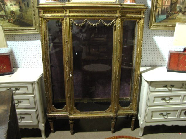 19th c. MAISON FOREST FRENCH GILT CARVED VITRINE: Fine quality. Some gilt losses. Missing one side glass and one glass shelf. Very good condition. 68"h. x 50"w. x 16"d.
