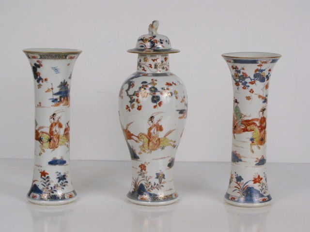 3 pc. CHINESE PORCELAIN GARNITURE SET: Good condition. Repair on lid. 11 1/4" vases and 13 1/2" jar.
