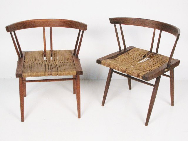 2 GEORGE NAKASHIMA WALNUT GRASS SEAT CHAIRS: Very good condition. Damages to grass seat. 27 1/4"h. x 23"w. x 19 1/2"d.