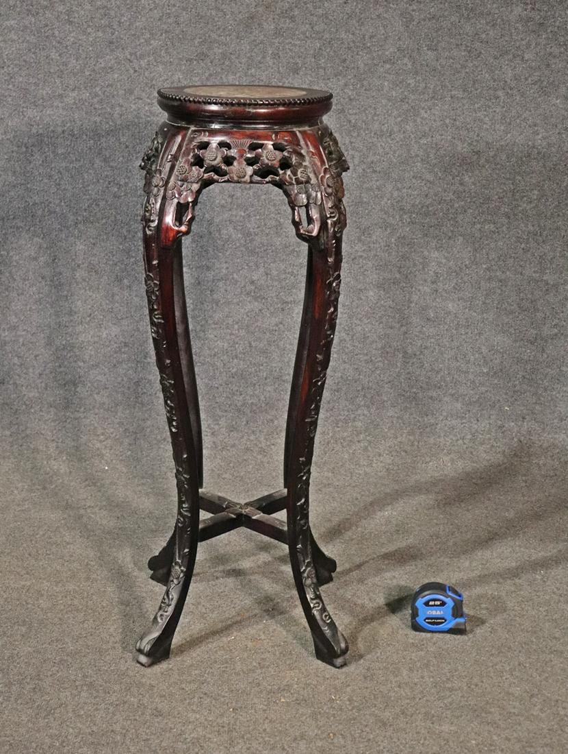 CARVED WOOD MARBLE TOP ASIAN PLANT STAND (1 of 8)