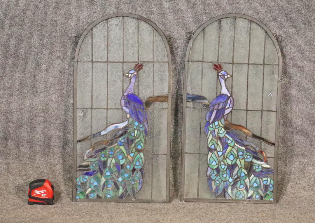 COMPANION PAIR ASIAN STAINED GLASS PANELS (1 of 5)