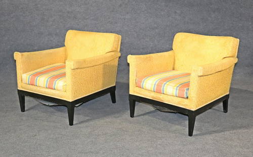 PAIR RALPH MORSE FURNITURE CO. ARM CHAIRS: Upholstered. Ebonized legs. 28 1/2" h x 30" w x 30" d. Seat height 16".