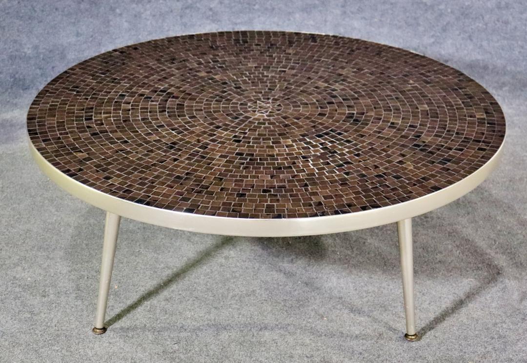 GORDON & JANE MARTZ STYLE MOSAIC COCKTAIL TABLE: Mosaic top. Chrome legs. 15" h x 31 3/4" diameter.