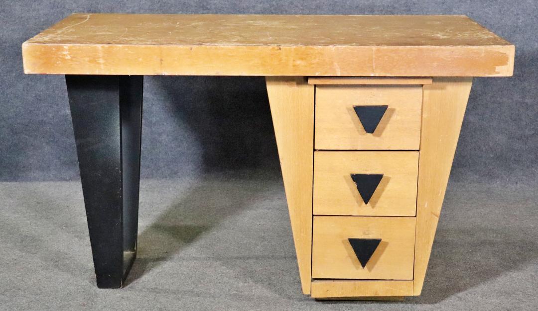DECO MODERN DESK: Wood. Ebonized leg and drawer handles. 3 dovetailed drawers. Pull out tray. 29 1/2" h x 48" w x 25 7/8" d.
