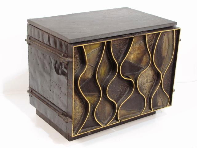 PAUL EVANS WAVY FRONT CABINET: Slate top. Signed Paul Evans. Very good condition. 29 1/4"h. x 38"w. x 23 3/4"d.