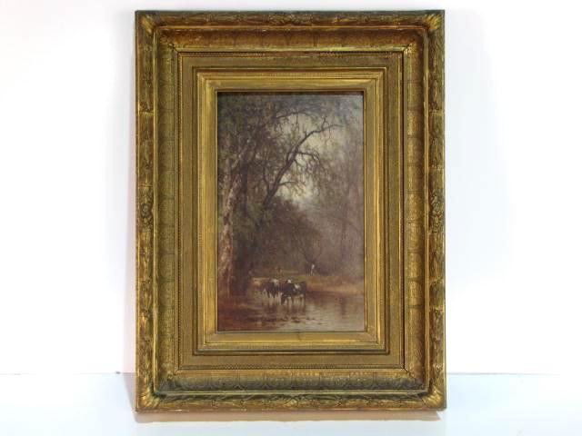 JOHN POPE PASTORAL LANDSCAPE PAINTING: Oil on panel. Signed J. Pope. Original gilt frame. Very good condition. 15 7/8" x 10 1/4".