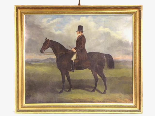SPODE ENGLISH EQUESTRIAN PAINTING: "The Earl of Lonsdale Mounted".Oil on canvas. Signed Spode, possibly Sam or John. Restored and relined. Very good condition with some paint loses in lower left. Some damage to gesso on frame. 24 1/2"