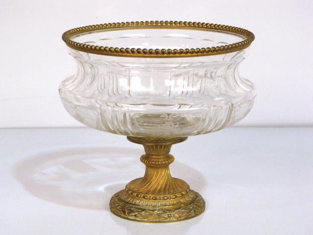 FRENCH BRONZE & CRYSTAL COMPOTE: Etched crystal. Very good condition. 7 1/8"h. x 8 1/4"diam.