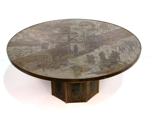 PHILIP & KELVIN LAVERNE CHAN COFFEE TABLE: Etched brass top. Signed Philip & Kelvin Laverne. Very good condition. 21 1/2"h. x 48" diameter.