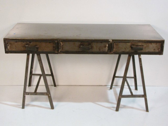 INDUSTRIAL IRON CAMPAIGN DESK: Recent manufacturer. Very good condition. 31 1/2"h. x 29 1/4"w. x 23 5/8"d.