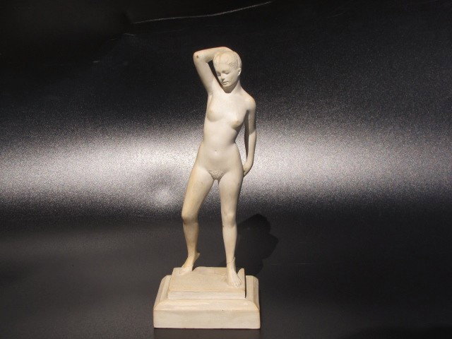 JOE BROWN (AMERICAN) ORIGINAL MODEL FOR SCULPTURE: Early ceramic model for bronze casting. Signed JB 1935. Crack on arm, cracks on legs. 9" high.