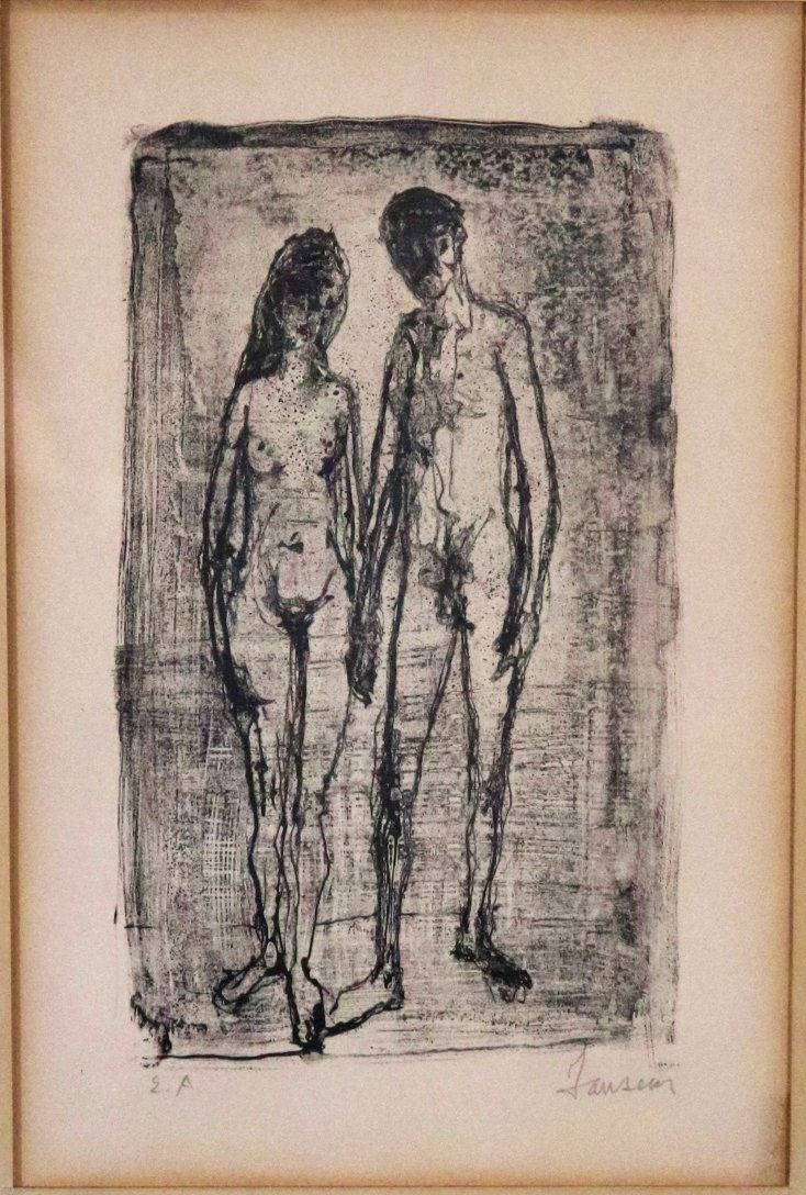 LITHOGRAPH BY JEAN LEON JANSEN "ADAM AND EVE": Lithograph by Jean Leon Jansen. Signed lower right. 4" h x 3 1/4" w. Framed measures 8" h x 7 3/8" w x 1 1/2" d.