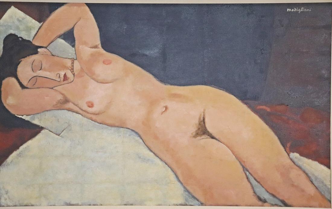 AMEDEO MODIGLIANI OIL ON CANVAS RECLINING NUDE WOMAN: Removed from Chestnut Hill Estate. Oil on canvas. Signed top right corner. 29 1/4" h x 47 1/2" w. Framed measures 36" h x 54 1/4" w x 2" d.