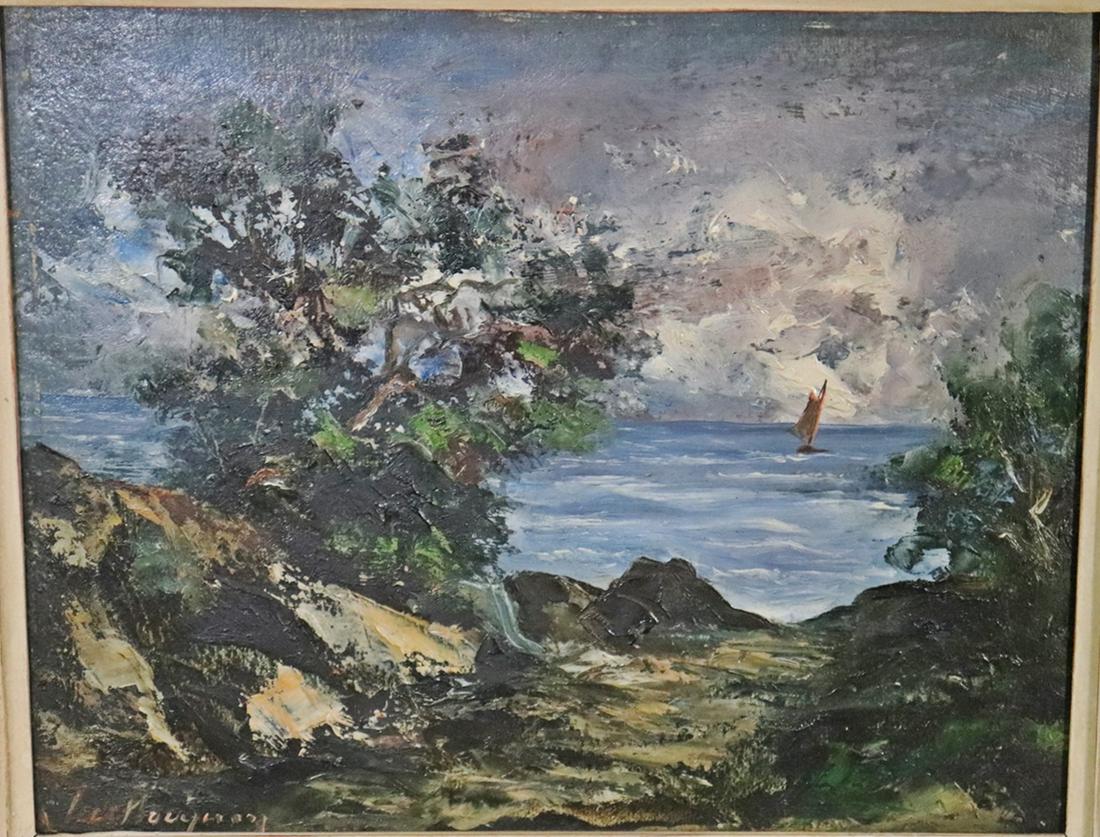 MARCEL BOUYERON FOCAL VIEW OF THE SHIP OFF THE COAST: Oil on board. Signed lower left. 8 1/2" h x 10 1/2" w. Framed measures 15 3/4" h x 17 1/2" w x 2" d.