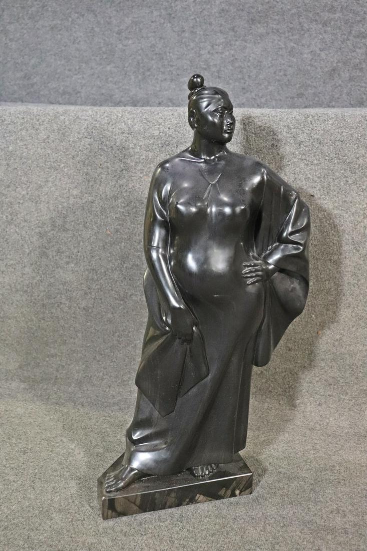 BLACK SLATE SCULPTURE ORIENTAL WOMAN SIGNED "AWAYA" (1 of 8)
