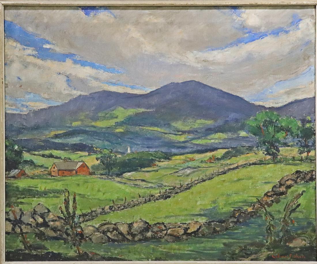 WILLIAM FISHER "STONE WALL OF VERMONT": Sold from the Living Estate of Carmelo and Jole Leggio. Well know antique dealers for the last 50 years. 1891 - 1985. American. Large impressionist oil on canvas landscape painting. Comes with a plaqu