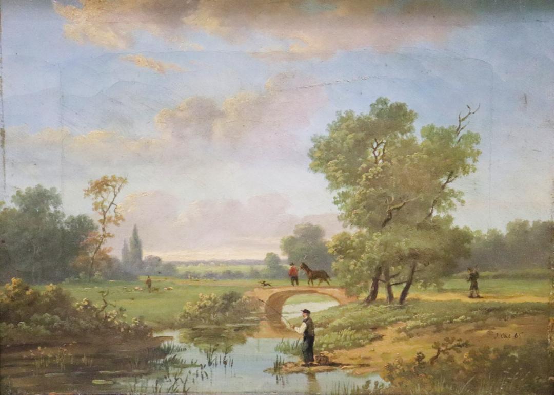 19TH C COUNTRY LANDSCAPE WITH FISHERMAN & HORSE OIL PAINTING SIGNED J. CAS (1 of 7)