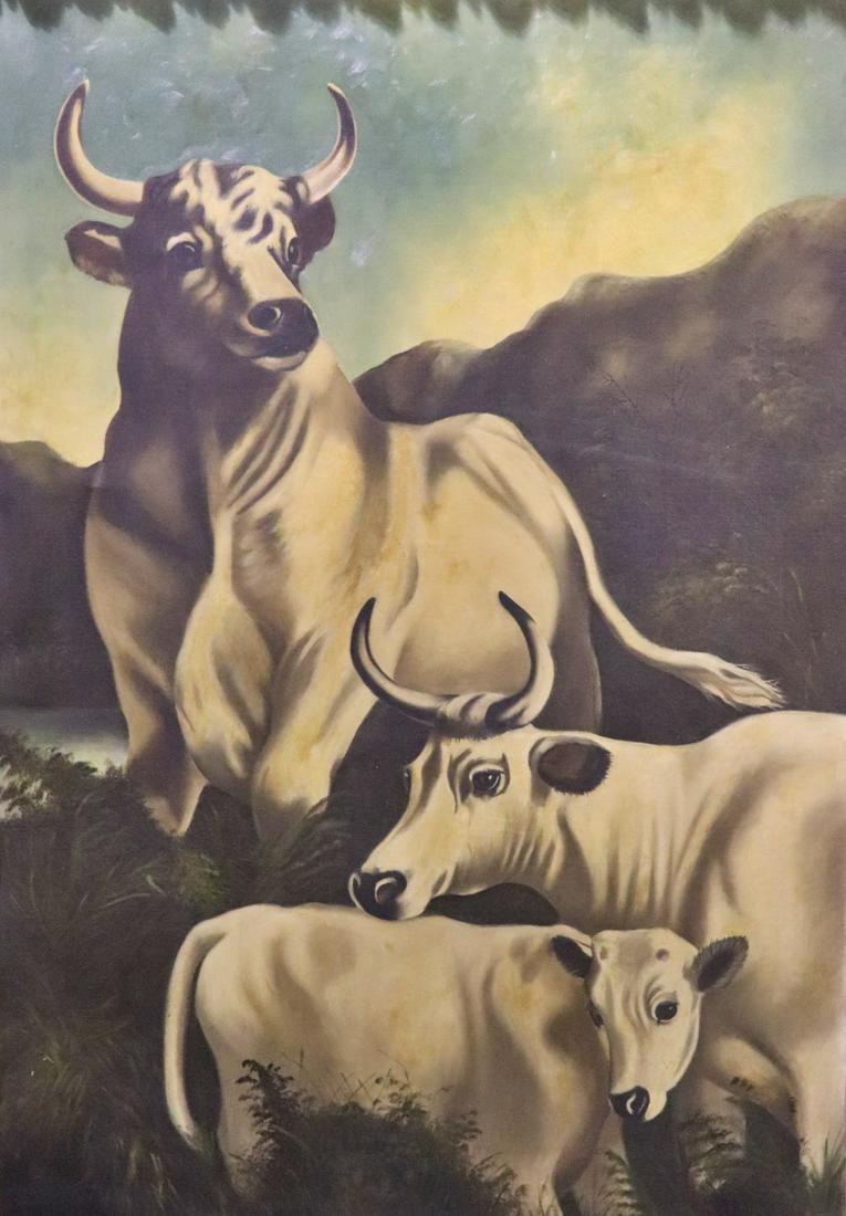 SUSIE OIL PAINTING 3 STEERS: Sold from the Living Estate of Carmelo and Jole Leggio. Well know antique dealers for the last 50 years. On canvas. Signed and dated 08 lower right. Picture measures 43 1/2" h x 30" w. Framed measures
