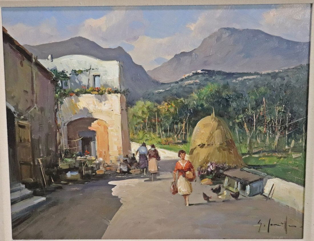 ANTINIO IANNICELLI LANDSCAPE OF STREET SCENE IN NAPLES ITALY: Sold from the Living Estate of Carmelo and Jole Leggio. Well know antique dealers for the last 50 years. Wentworth Gallery. Signed lower right. Picture measures 18 3/4" h x 22 1/8" w. Framed measures