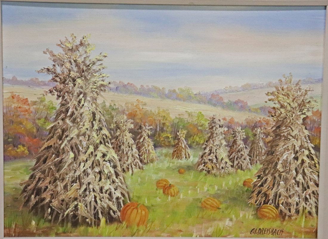 CLARENCE IRA DREISBACH "CORN SHOCKS" PAINTING: Sold from the Living Estate of Carmelo and Jole Leggio. Well know antique dealers for the last 50 years. Pennsylvania artist. #2724. Signed lower right. Picture measures 11 7/8" h x 15 7/8" w. Framed