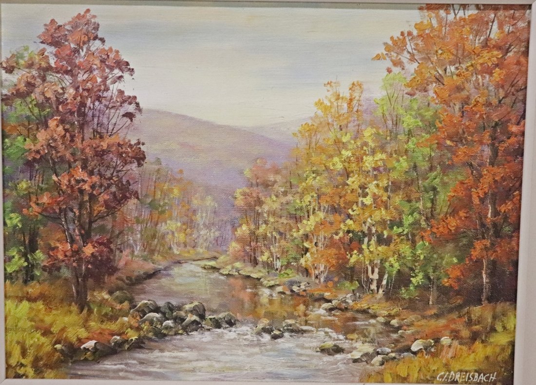CLARENCE IRA DREISBACH "CREEK IN THE POCONOS" PAINTING: Sold from the Living Estate of Carmelo and Jole Leggio. Well know antique dealers for the last 50 years. Pennsylvania artist. #2677. Signed lower right. Picture measures 11 7/8" h x 15 7/8" w. Framed 