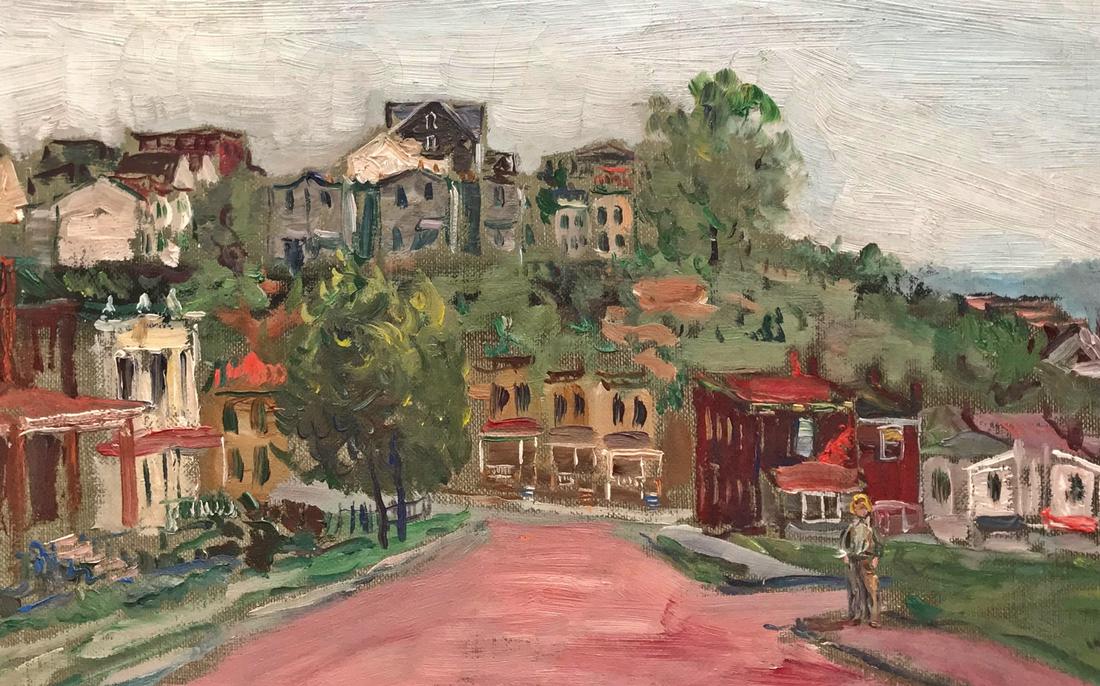 WALTER EMERSON BAUM "HILL CITY": Sold from the Living Estate of Carmelo and Jole Leggio. Well know antique dealers for the last 50 years. 1884 - 1956. Framed oil on canvas townscape painting titled "Hill City". Signed on verso. Frame
