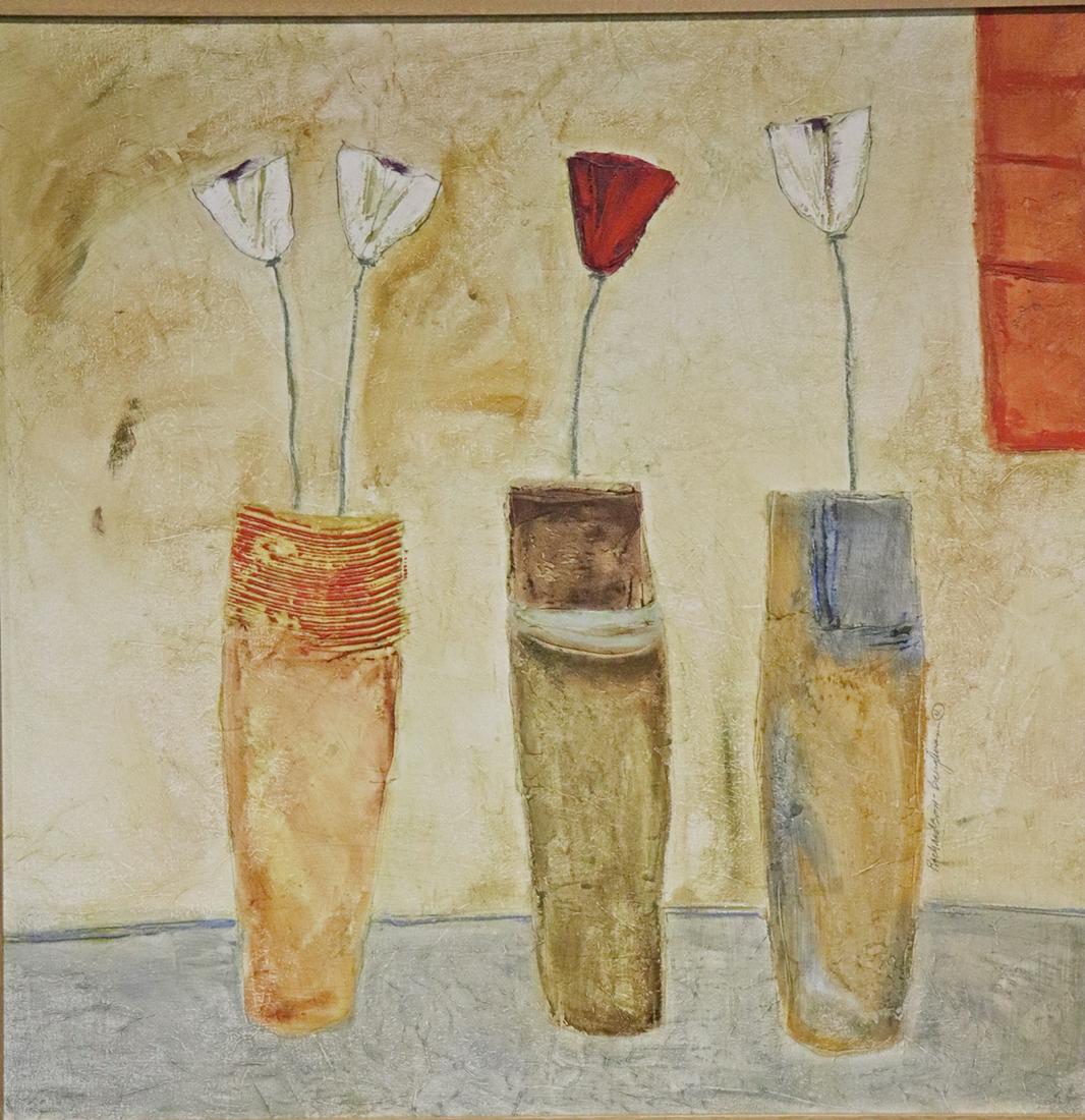 RICHARDSON BAUGHMAN STILL LIFE 3 VASES: On canvas. Signed next to left vase. Picture measures 35 1/2" h x 35 1/2" w. Framed measures 38" h x 37 7/8" w x 2" d.