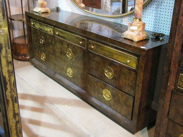 BERNHARD ROHNE for MASTERCRAFT DRESSER: Burl walnut with acid etched brass panels. Very good condition. 32 1/4"h. x 78"w. x 19"d.