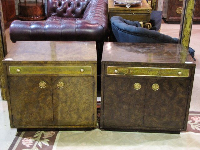BERNHARD ROHNE for MASTERCRAFT Pr. NIGHTSTANDS: Burl walnut with acid etched brass panels. Very good condition. 24 1/4"h. x 26"w. x 19"d.