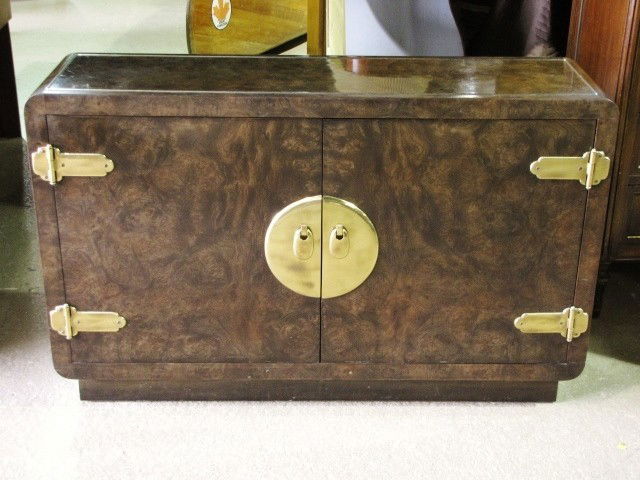 MASTERCRAFT BURL WALNUT ASIAN MODERN CONSOLE: Very good condition. 30 1/4"h. x 48"w. x 13"d.