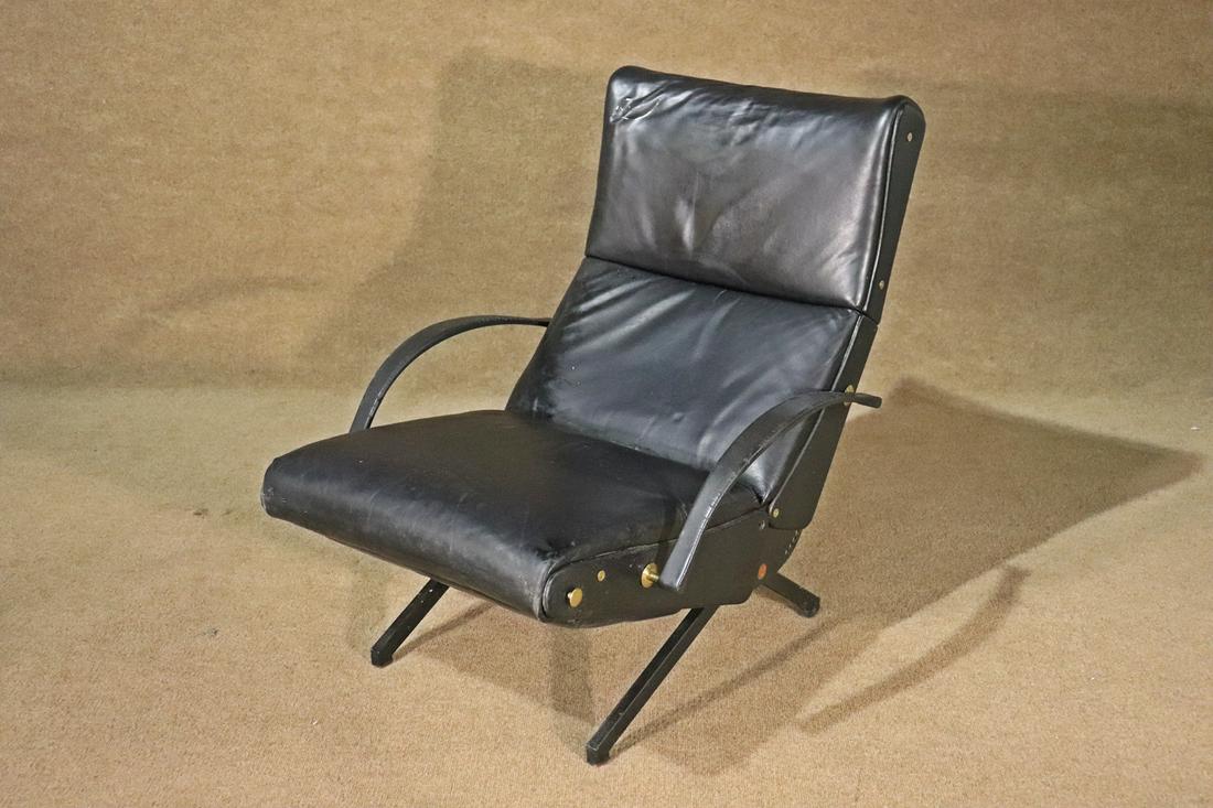 BORSANI ATTIBUTED TECHNO CHAIR: Metal adjustable frame. Leather upholstery. Bendable arms. 34" h x 27 7/8" w x 36" d x 52 1/4" reclined. Seat height 16 1/4".