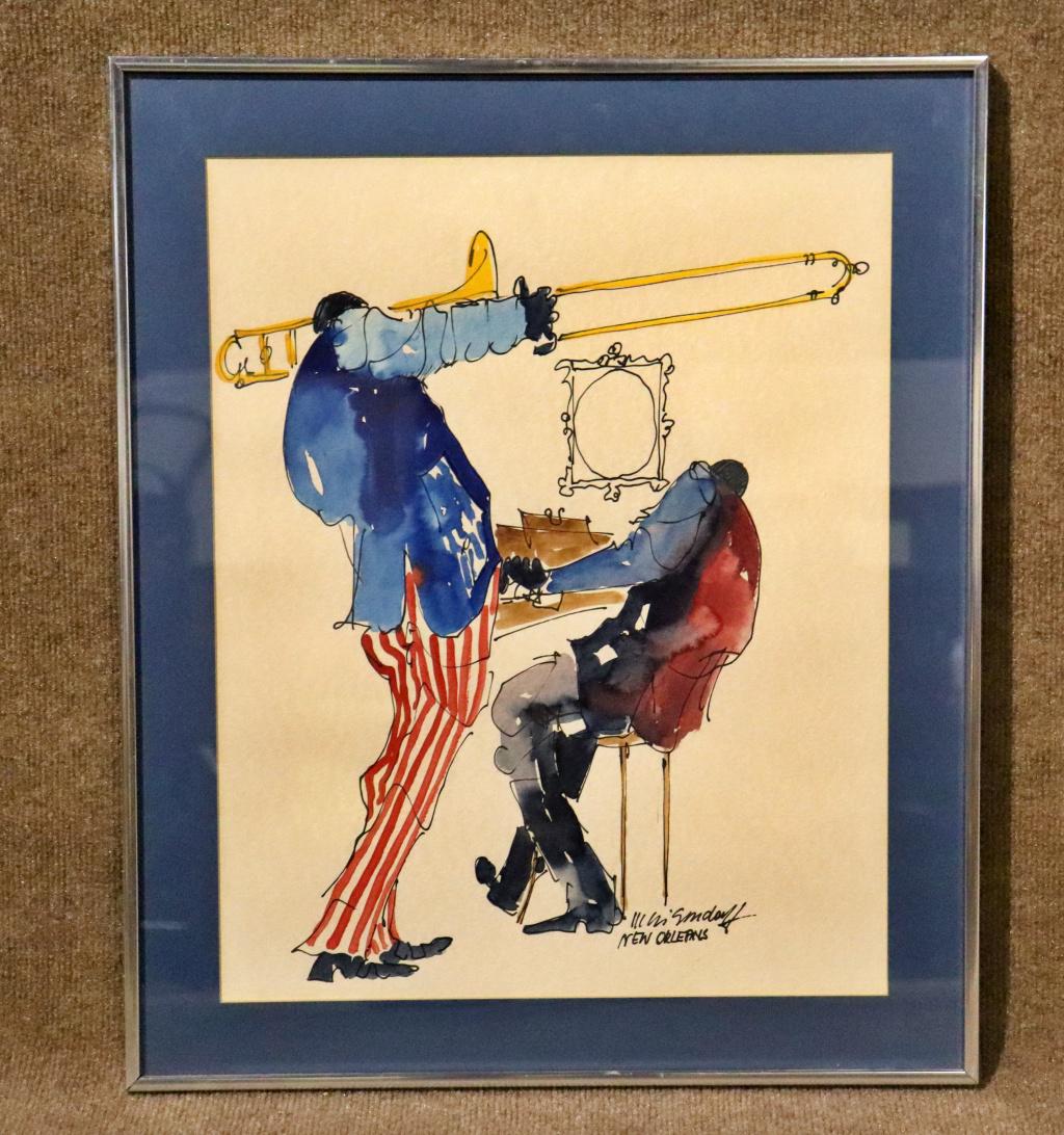 LEO MEIERSDORFF WATER COLOR OF NEW ORLEANS MUSICIANS: 1934 - 1994. Leo Meiersdorff is a listed artist, was a New Orleans musician and was the official artist of the New Orleans Jazz Festival. Framed measures 24 1/2" h x 20 1/4" w x 3/4" d.