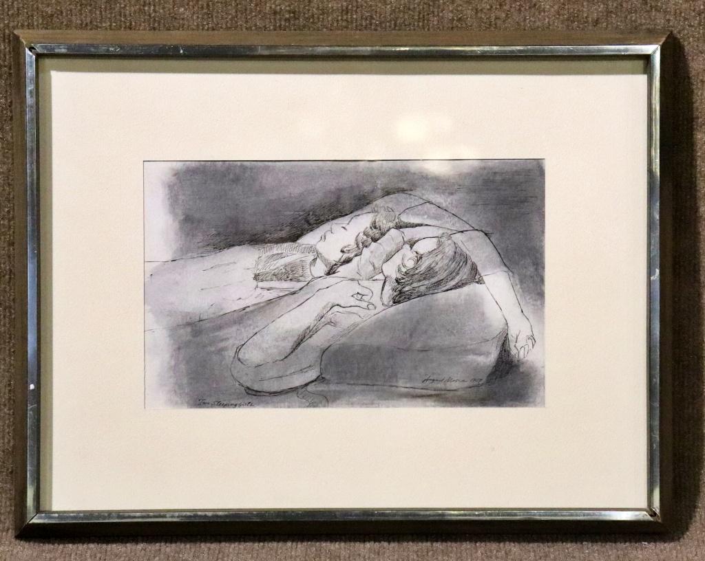 AUGUST MOSCA "TWO SLEEPING GIRLS": Silver-point and ink. 1967. Listed artist. August Mosca 1907-2003. Born in Italy. Lived in NY. Mosca's oil on canvas "Straphangers" sold for $33,460 in 2006. 14 1/2" h x 18 1/2" w. Framed measures 14