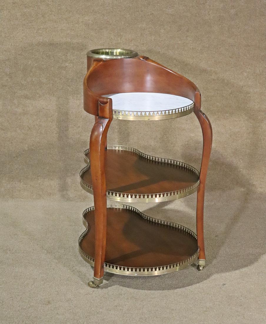 WINE TASTING SERVING CART: Wood. 3 tier. Marble insert. Brass accents. 38 5/8" h x 22 1/2" w x 32 1/4" d.