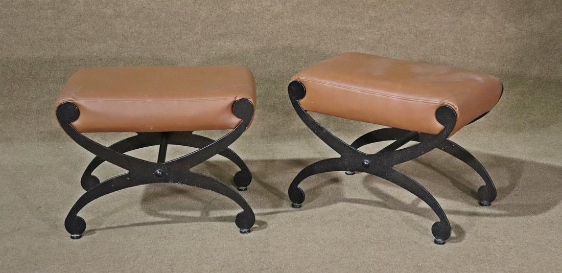 PAIR METAL & LEATHER X BENCHES (1 of 7)