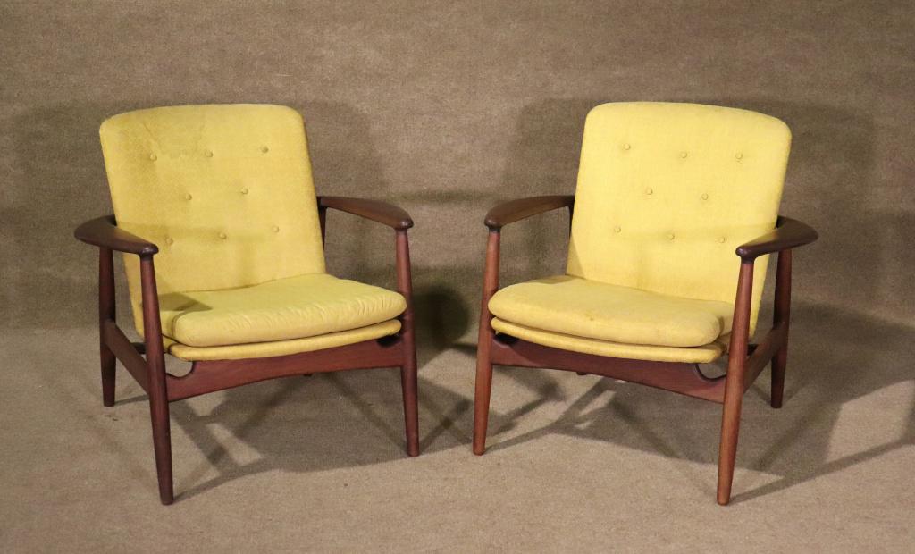 PAIR ARNE VODDER FOR BOVIRKE LOUNGE CHAIRS: Teak frames. Upholstered back and seat. 29 1/4" h x 30" w x 29" d. Seat height 15".
