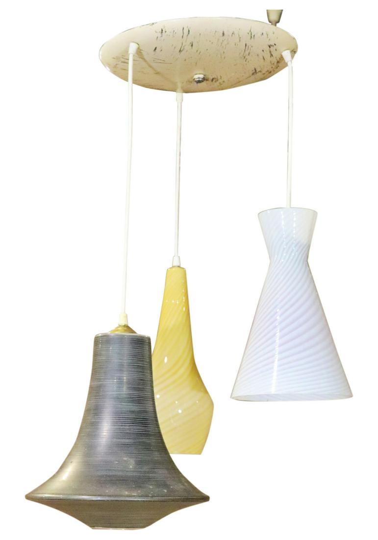 3 MURANO GLASS HANGING CHANDELIER: 3 murano glass shades (white, tan and grey). Metal top plate. 31 3/4" h x 20" diameter.