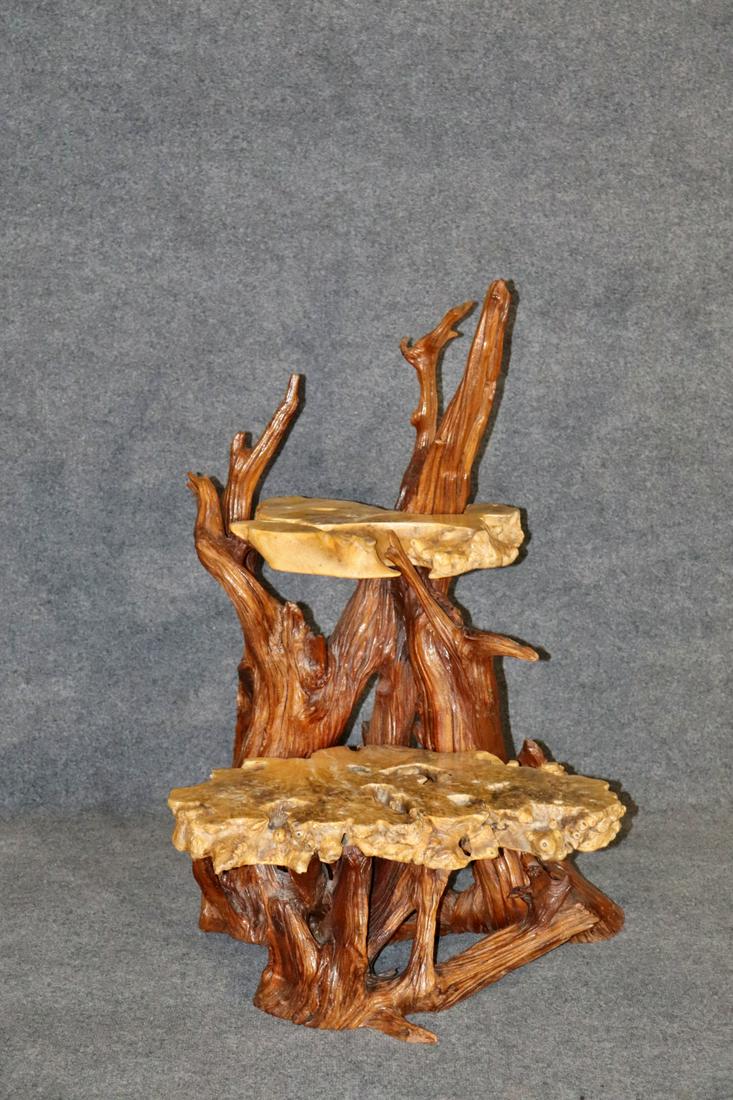MODERN ROOTWOOD SCULPTURE WITH SHELVES: Root wood 2 shelves. 37 1/2" h x 24" w x 25" d.