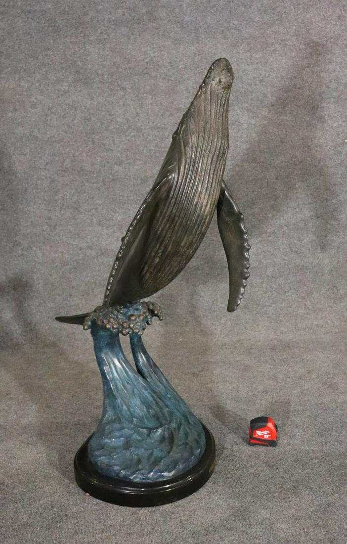 DEAN SHIPSTON LEVIATHAN BRONZE SCULPTURE WHALE: Name plate on bottom. Bronze. Painted. Granite base. 44 3/4" h x 17 1/4" w x 21" d.